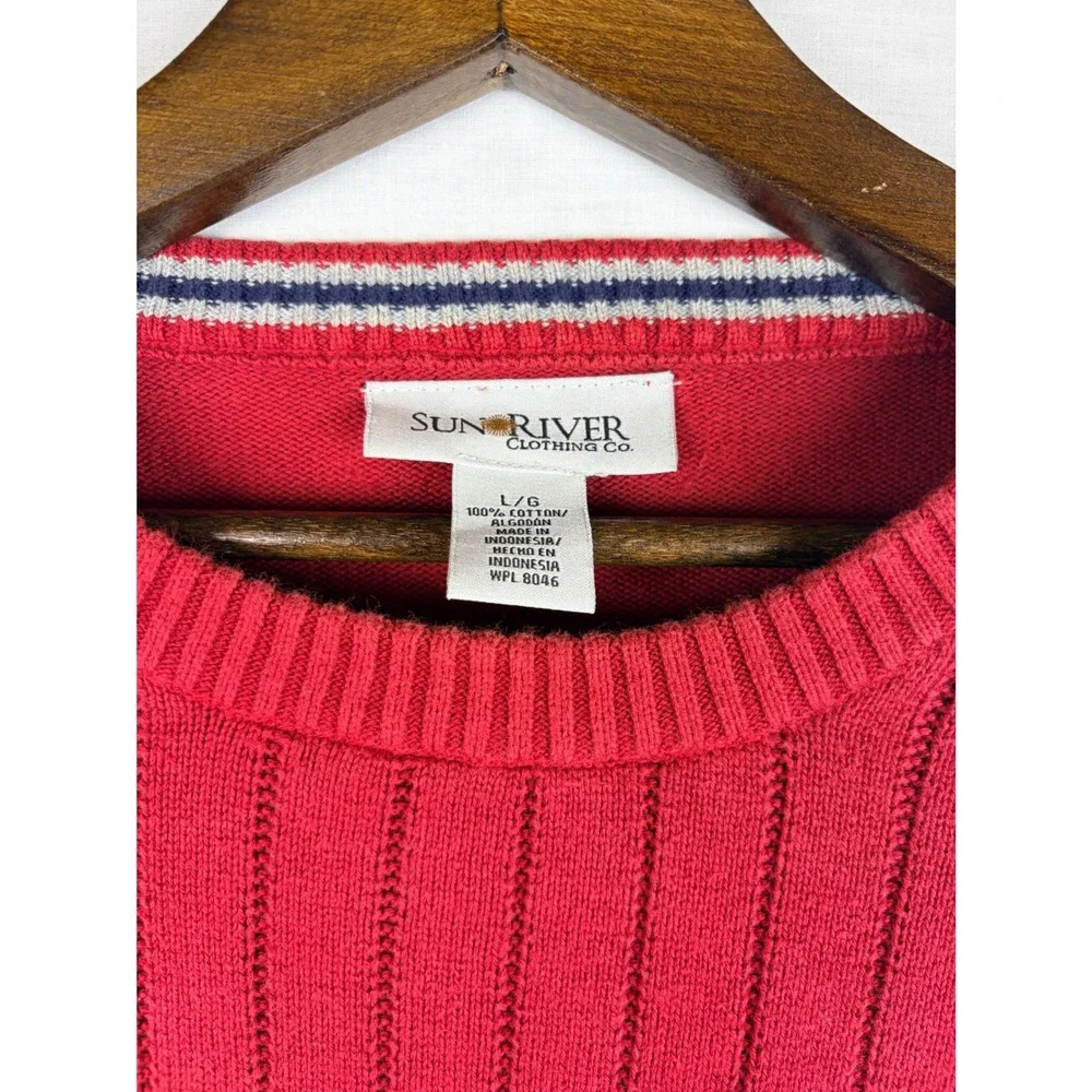 Vintage Sun River Clothing Co Mens Red Cotton Ribbed Knit Crewneck Sweater Large